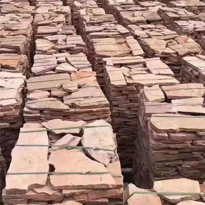 经典外墙铺地用高粱红乱形石 粉砂岩碎拼石 红色碎拼石材